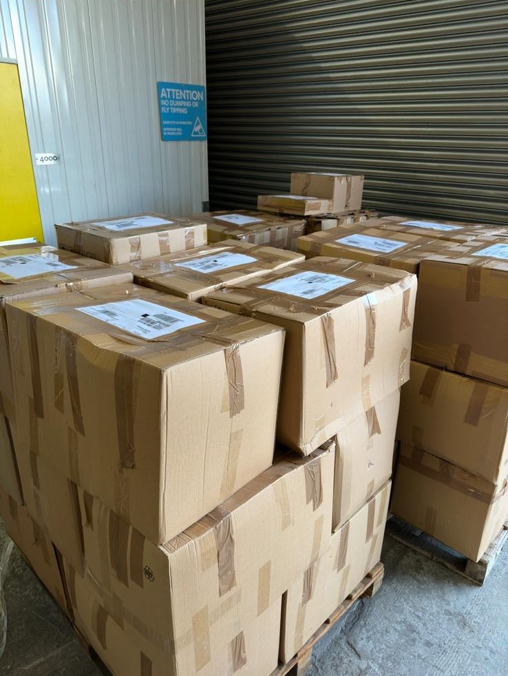 Pallet of sealed cartons ready for dispatch from our London warehouse