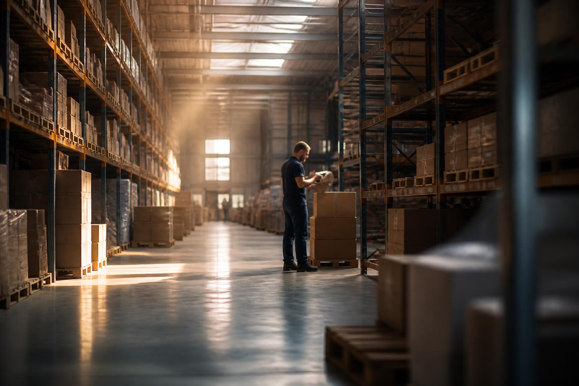 Modern London fulfilment warehouse with organised shelving and warm natural light